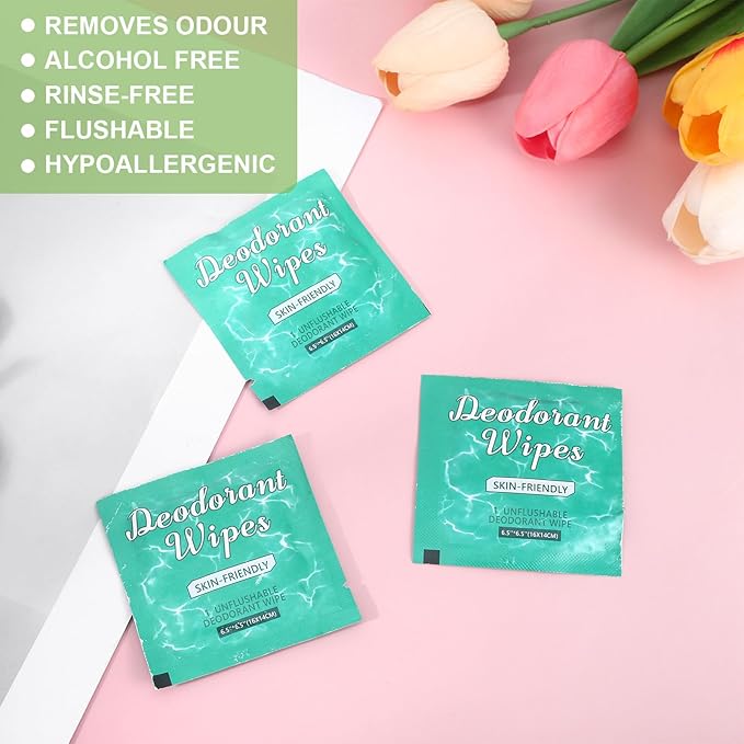 100Pcs Travel Deodorant Wipes, Travel Size Mini Deodorant Wipes Bulk for Homeless, Individually Wrapped Body Cleaning Supplies for Women Wet Armpit for Body Cleaning Jasmine