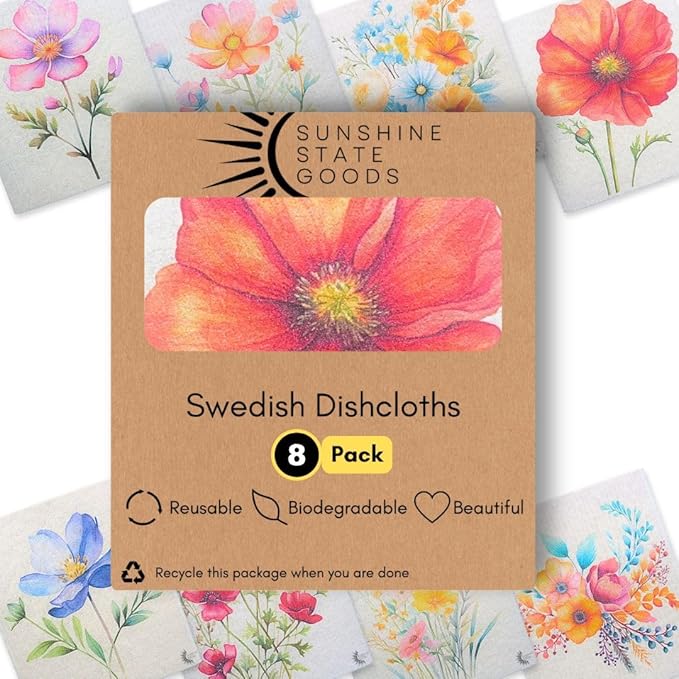 Swedish Dishcloths - Ecofriendly Reusable Paper Towels, Biodegradable Dish Cloths - Cellulose Sponge Dish Cloths for Washing Dishes - 8 Pack (Floral)