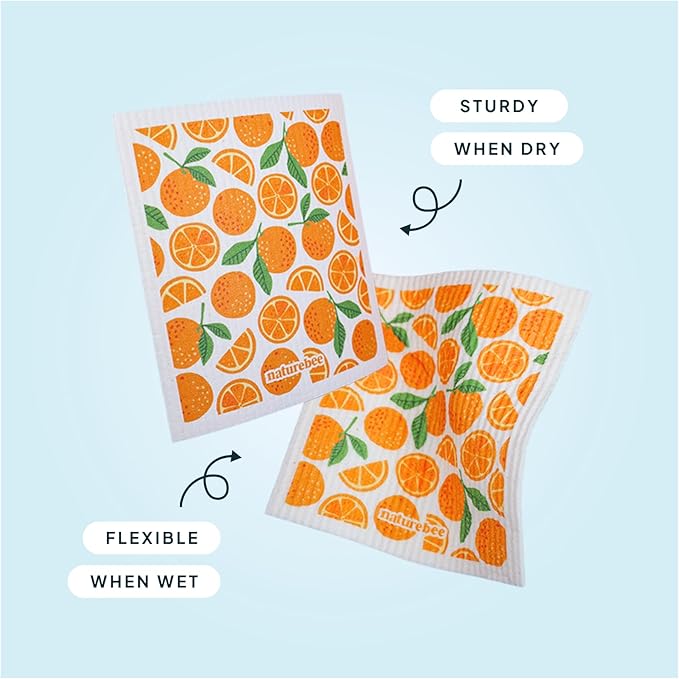 Orange Swedish Sponge Dishcloth Pack of 6 - Reusable, Washable, Odor & Scratch Free, Made with Wood Cellulose & Cotton, Multi-Use for Dishes & Counters, Replaces 17 Rolls of Paper Towel
