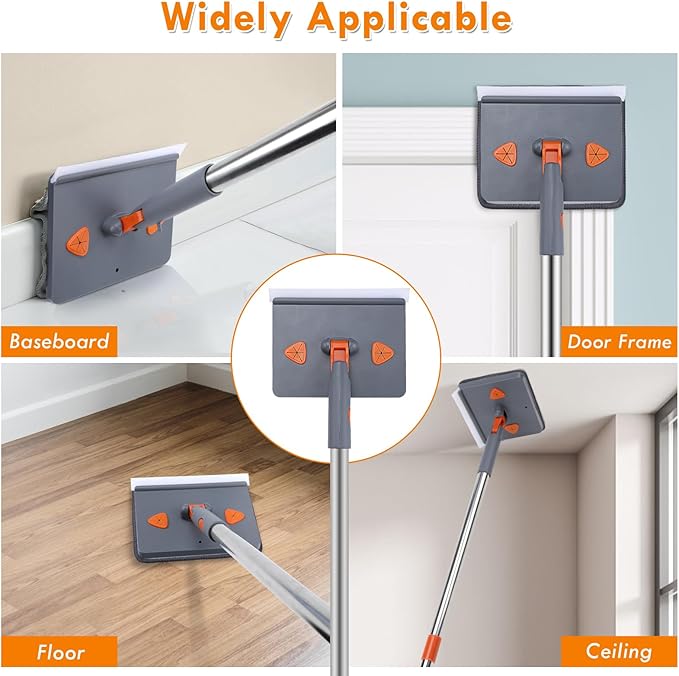 Baseboard Cleaner Tool with Handle, 80" Long Handle Mop with 6 Reusable Cleaning Pads, Duster Cleaning Tools for Baseboards/Ceiling/Floor, Microfiber Ceiling Wall Window Cleaner
