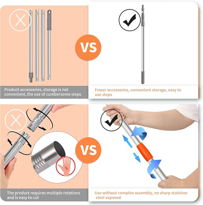 Dust Mop, Wall Cleaner Mop, with Height Adjustable Handle and 1 Washable Mops Pad, Wet & Dry Floor Cleaning Mop for Hardwood, Tiles, Laminate - Dust Broom (Orange)