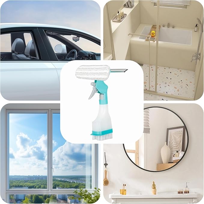 4-in-1 Scraper Brush Spray and Brush, Portable Multifunction Window Cleaner Tool with Squeegee and Plush Glass Brush, New Refillable Bottle Sprayer for Glass Ceramics Surface(Blue)