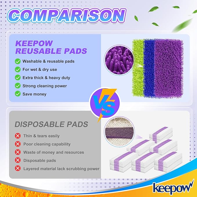 Reusable Floor Mop Pads Compatible with Swiffer Wet Jet Refills 6 Pack, Machine Washable, 12-inch Microfiber Mop for Swiffer Wet Pads, Eco-Friendly Household Cleaning Supplies