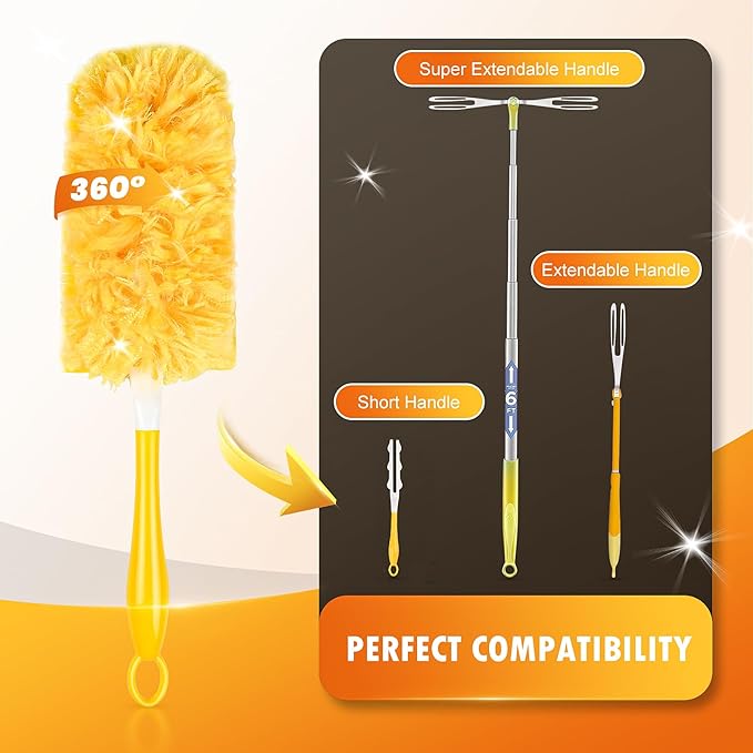 50 Count 360 Duster Refills for Swiffer Dusters + 1 Extendable Handle + 1 Short Handle, Heavy Duty Disposable Kit, Multi-Surface Disposable Pads for Cleaning, Unscented