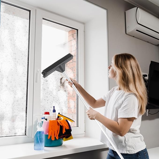 Silicone Pet Hair Broom, Carpet Cleaner, Salon Broom, with Built-in Window Washer Squeegee and 55" Metal Handle