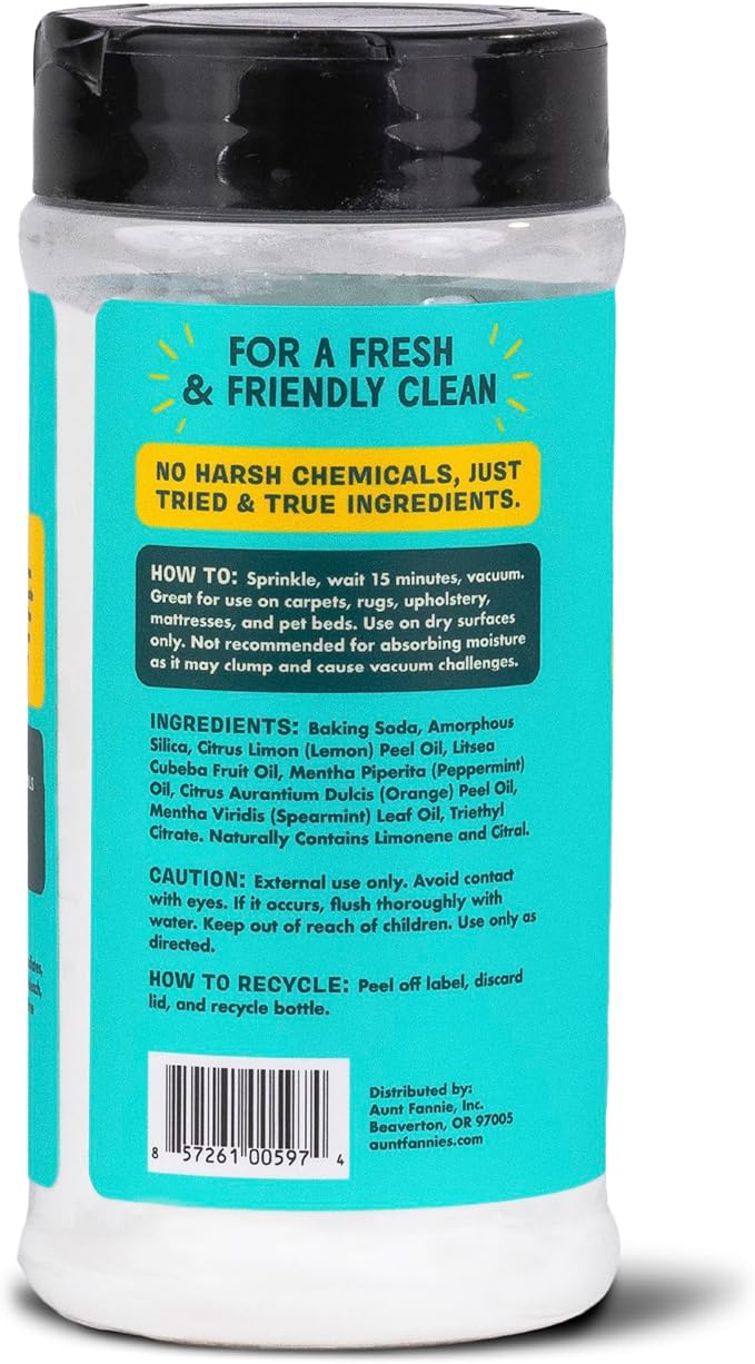 Aunt Fannie's Carpet Refresher & Deodorizer Powder, Multi-Purpose Carpet, Rug, and Upholstery Odor Eliminator for Homes with Cats and Dogs, Bright Lemon Scent, 16 Oz (Pack of 1)