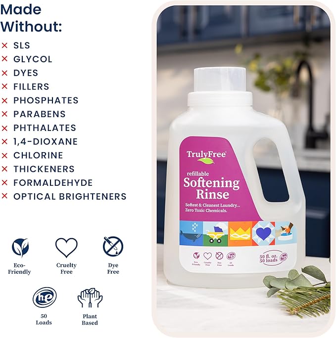 Fabric Softening Conditioner for Clothes| Safe for Babies & Kids with Sensitive Skin | Plant-Based | Include 1 Refillable 50oz Bottle with Measuring Cap| Unscented Rinse(200 Loads)