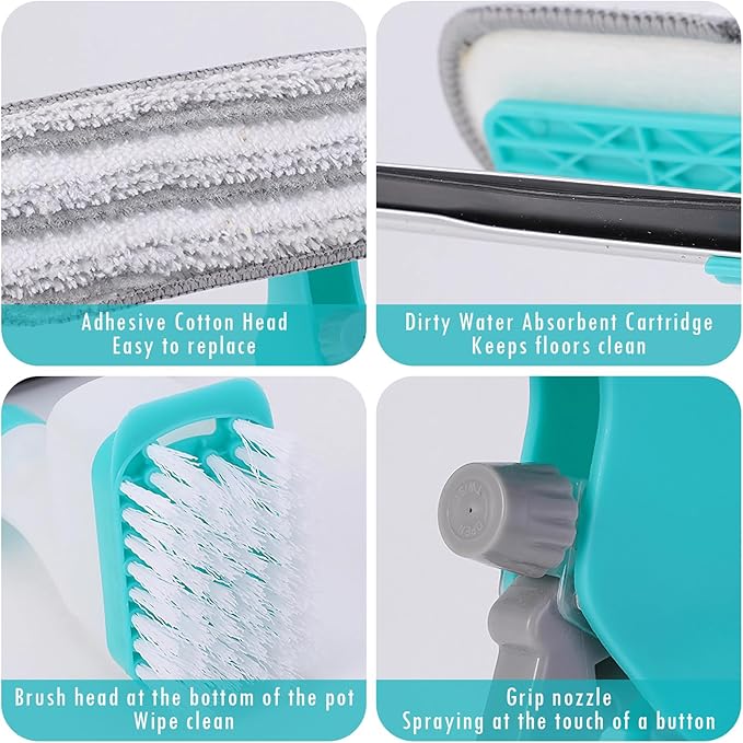 4-in-1 Scraper Brush Spray and Brush, Portable Multifunction Window Cleaner Tool with Squeegee and Plush Glass Brush, New Refillable Bottle Sprayer for Glass Ceramics Surface(Blue)