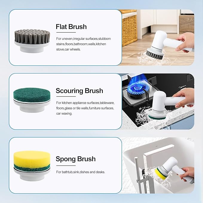 Rechargeable Handheld Scrubbers for Cleaning,Cordless,Power Indicators Electric Spin Scrubber,2 Adjustable Speeds,with 3 Replaceable Cleaning Brush Heads-Suitable for Tub,Kitchen Stove-White