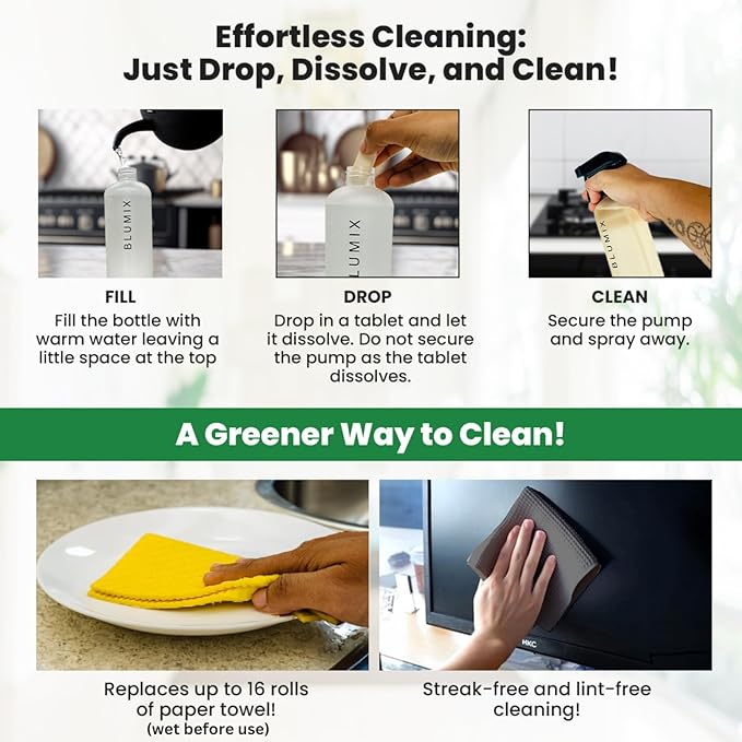 Multi-Surface Cleaner Set: Spray Bottle, 4 Cleaner Tablets - Lemon & Eucalyptus Scents, Swedish Dishcloth, & Glass Cleaning Cloth – Eco-Friendly, All-Purpose, Essential Oils, Gift Starter Set