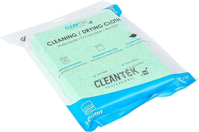 Restaurantware-Clean Tek Professional 13 x 15 Inch Cleaning Cloths, 5 Reusable Cloth Towels - Machine Washable, Absorbent, Green PVA Microfiber Cleaning Rags, Fast Drying,For Windows Or Cars