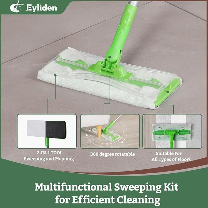 Eyliden Disposable Mop Starter Kit - 60 Refills Pack: 1 Sweeper, 12 Wet Cloths, 36 Pet Hair Mop Pads, 12 Dry Sweeping Cloths