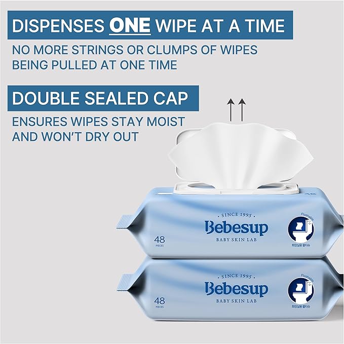 Korea’s #1 Flushable Wipes- 100% Plant-Based Hypoallergenic Biodegradable 99% Water-Based Extra-Thick 55 GSM Unscented for sensitive skin Flip-Top 432 Count (9 Packs)