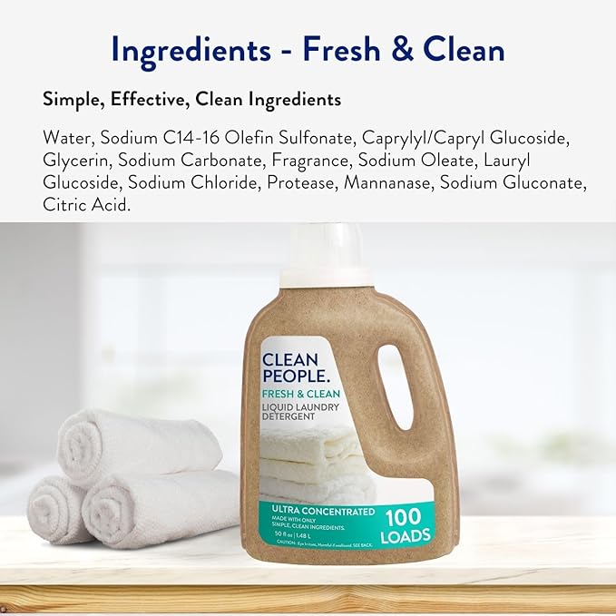 The Clean People Liquid Laundry Detergent - Recyclable Packaging, Stain Fighting - Ultra Concentrated, Laundry Soap - Fresh Scent, 50 fl oz (2 Pack)
