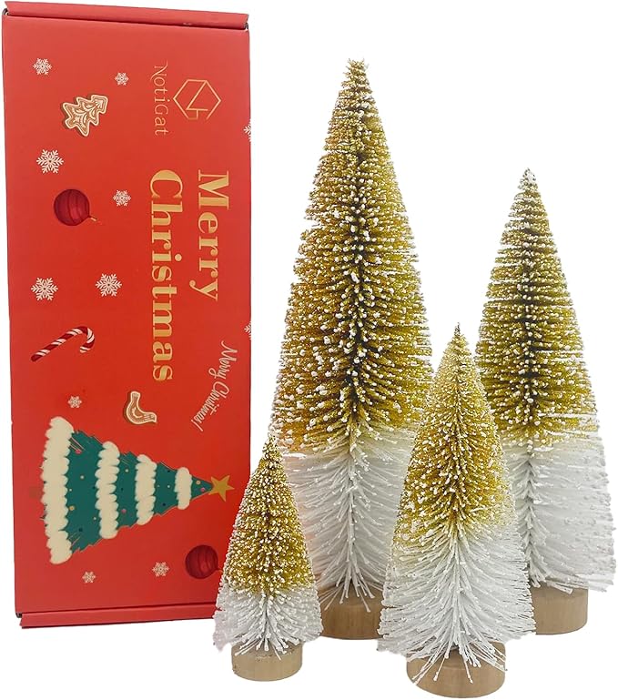 Mini Christmas Tree Bottle Brush Christmas Trees Decor for Christmas Decorations Wooden Bases (Gold and White)