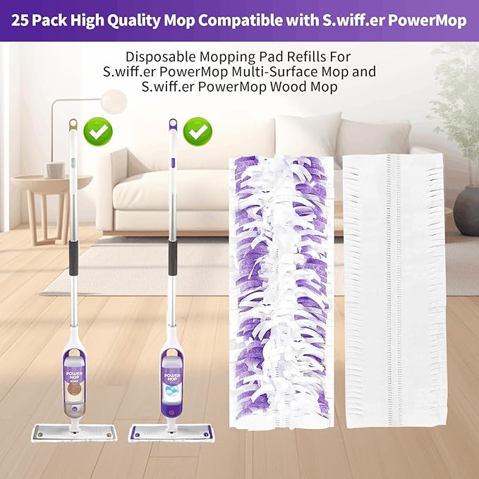 25 Pack Disposable Mopping Pads Refills for Swiffer PowerMop Multi-Surface & Wood Mops, Spray Clean Pads Replacement for Floor Cleaning(Purple Without Handle)