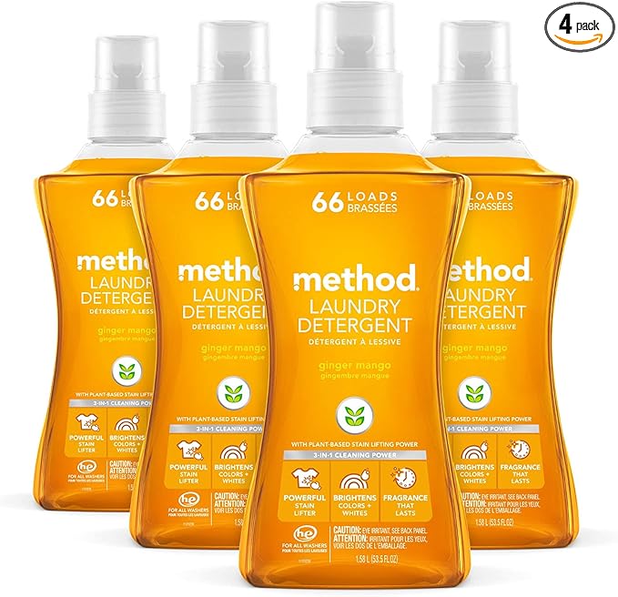 Method Liquid Laundry Detergent; Ginger Mango Scent; Plant-Based Stain Remover; 66 Loads per 53.5 fl oz bottle; 4 Pack (264 Total Loads); Packaging May Vary