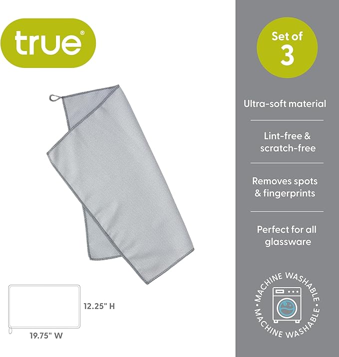 True Microfiber Towels, Wine Glass Polishing Cloths, Streak Free Microfiber Cloth and Lint Free Towels, Grey, Set of 3