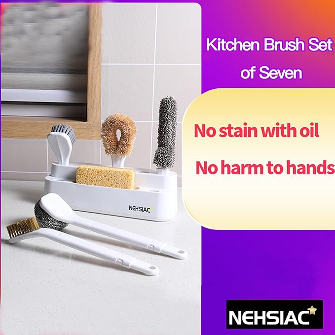 Kitchen Cleaning Brush Set of 7 with Handles and Base, Includes Pot, Bottle, Dishwashing, Crevice Cleaning Brushes, Hangable for Kitchen Countertops, Sinks, Pots, Pans, Dishware
