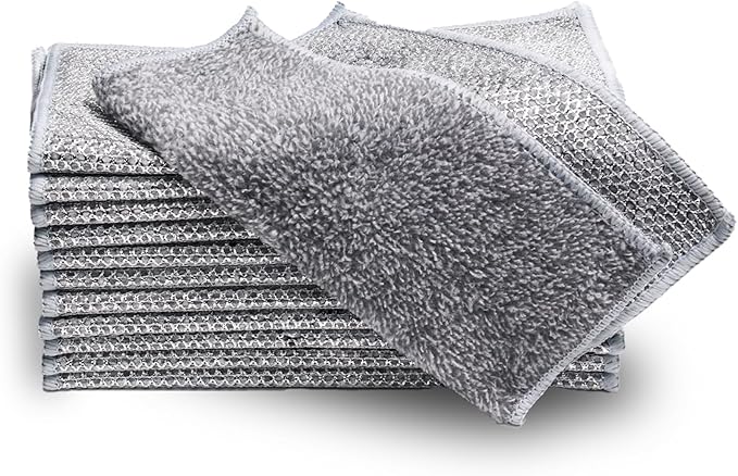12 Pcs Upgraded 2-Layer Bamboo Charcoal Fibre Non Scratch Wire Dishcloth,Multipurpose Wire Dishwashing Rags for Wet and Dry for Dishes, Sinks, Stove Tops
