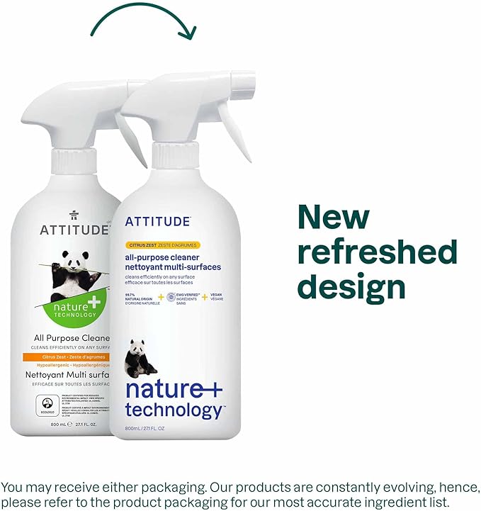 ATTITUDE All Purpose Cleaner, EWG Verified Multi-Surface Products, Vegan, Naturally Derived Multipurpose Cleaning Spray, Citrus Zest, 27.1 Fl Oz (Pack of 6)