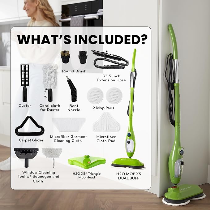 H2O MOP® X5 Dual Buff Steam Mop, 8 in 1 Handheld Steam Cleaner For Kitchen Tile Floors, Hardwood Floors, Grout Cleaner, Upholstery Cleaner and Carpets, 2 washable scrub pads, 11 cleaning accessories