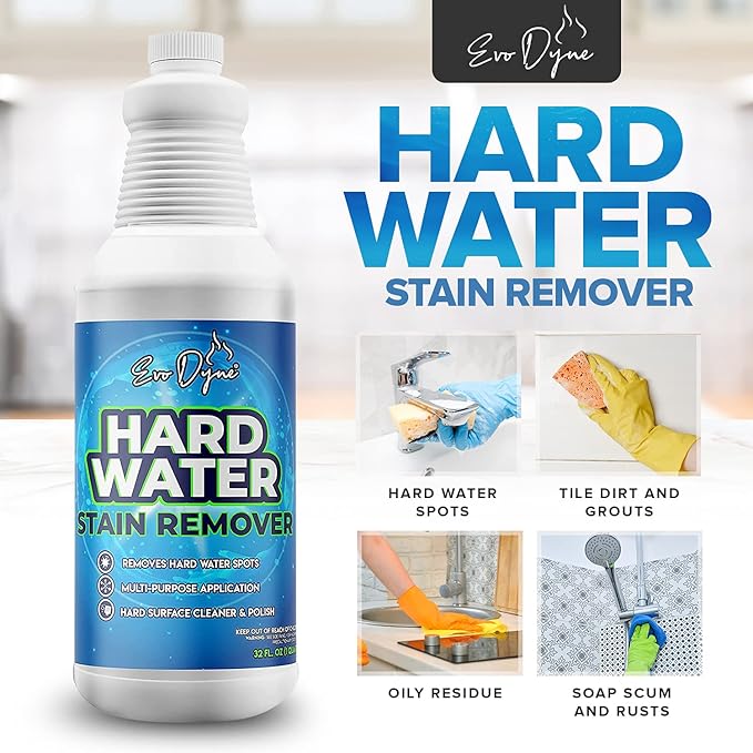 Evo Dyne Hard Water Stain Remover 32oz | Made in USA - Shower Door Cleaner, Clean Tile and Grout, Windows, Fiberglass, Tubs, Chrome (1-Pack)