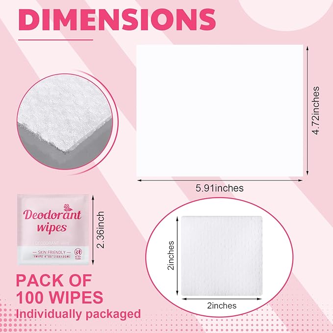 Timgle 100 Pcs Travel Deodorant Wipes Individually Wrapped Armpit Antiperspirant Deodorant Sweat Body Wipes for Women Men Teens Sports Travel Cleanse Skin and Underarm Excessive Sweating(Rose)