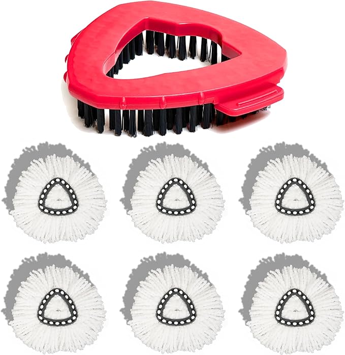 Mop Head Replacement for O Ceda: Stubborn Dirt and Grout Line Scrub Brush Attachment and Spin Mop Refill Set Compatible with Oceda - 6 Microfiber Replace Heads 1 Floor Scrubber Bristle Head for O'ceda
