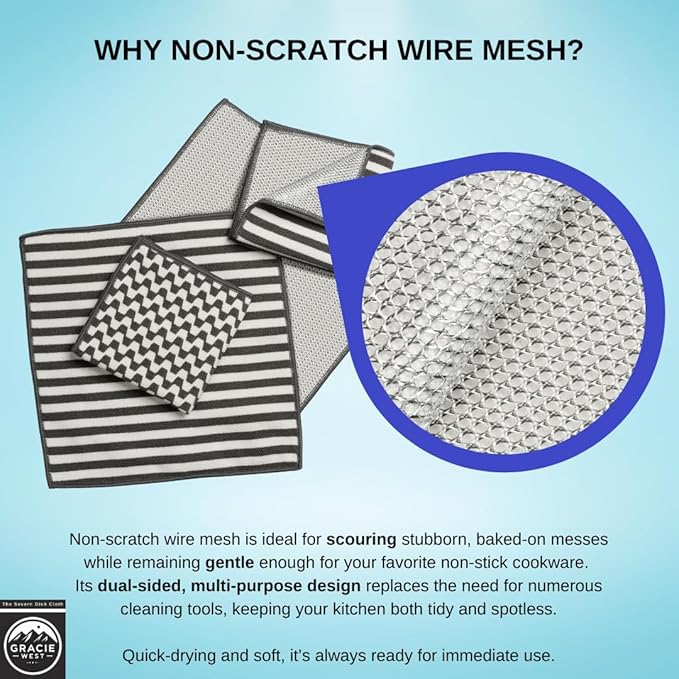 Severn Dish Cloths for Washing Dishes 4pk. No-Smell Dish Rags with Non-Scratch Wire Scrubber Side for Kitchen Cleaning. Grime-Fighting Bamboo-Charcoal Microfiber 2-Sided Dishrags. Machine Wash + Dry