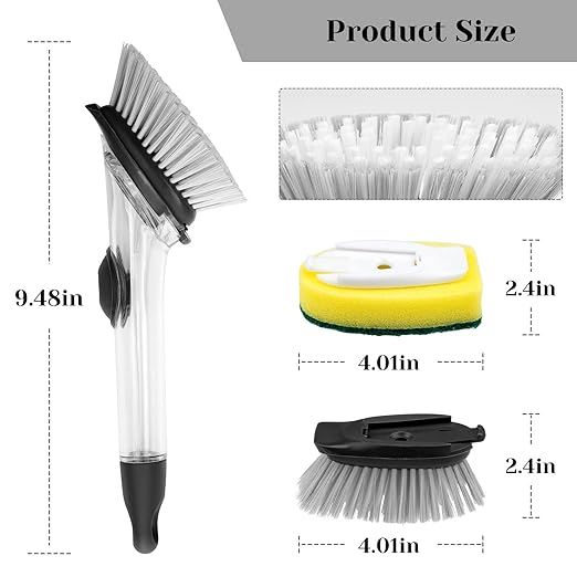 Soap Dispensing Dish Brush Set, Kitchen Brush with 4 Brush Replacement Heads, 2 Adhesive Hooks, Dish Wand Scrub Brush for Dishes Sink Pot Pan Cleaning