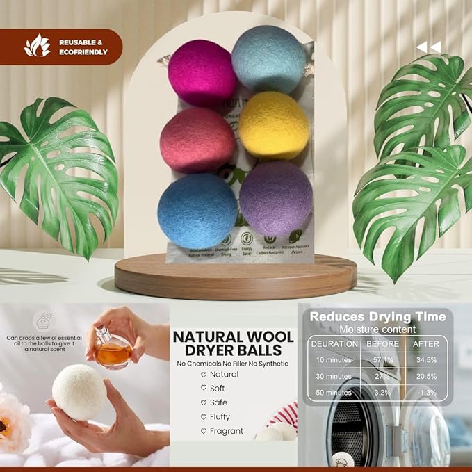Wool Dryer Balls, Extra Large, Set of 6, Natural Fabric Softener, Chemical Free, Scented XL, Reuable and Replacement for Fabric Softener (Multicolor)
