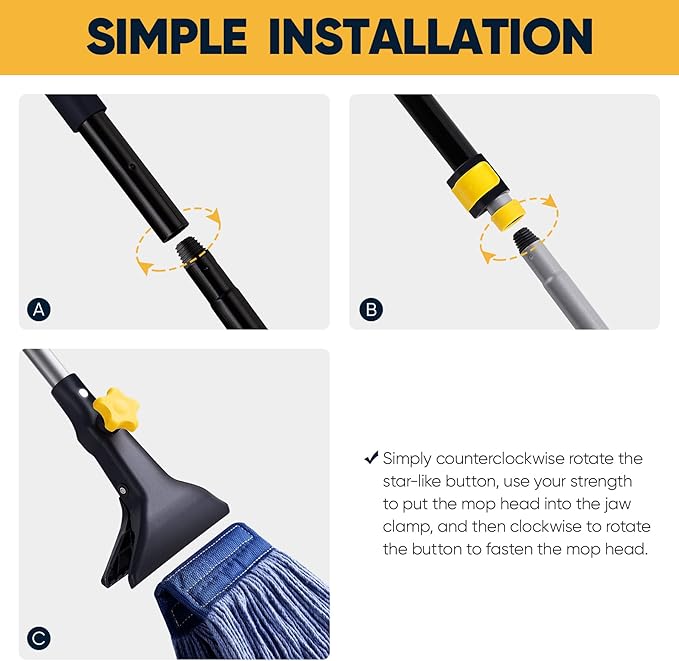 Yocada Looped-End String Wet Mop Heavy Duty Cotton Mop Commercial Industrial Grade Telescopic Iron Pole Jaw Clamp Floor Cleaning 55.1 inch