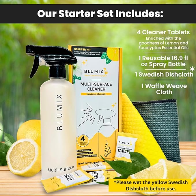 Multi-Surface Cleaner Set: Spray Bottle, 4 Cleaner Tablets - Lemon & Eucalyptus Scents, Swedish Dishcloth, & Glass Cleaning Cloth – Eco-Friendly, All-Purpose, Essential Oils, Gift Starter Set