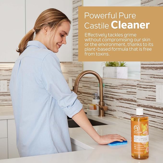 Dr. Jacobs Naturals Orange + Ginger Castile All-In-One Cleaner and Soap, Effective Plant-Based Formula for House Cleaning. Eco-friendly for Home Essentials and the Planet (32 Fl Oz, 2 Pack)