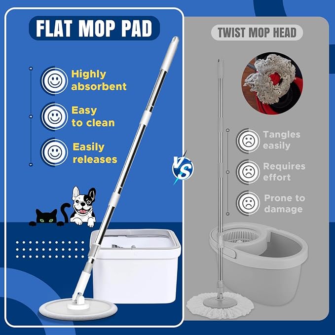 VENETIO Dirty Separation Spin Mop and Bucket Set Floor Cleaning System with Self Wringing/Dry/Wet All-in-One, Reusable Microfiber Mop for Home Hardwood, Laminate, Tile - Ideal for Pet Owners (1 Pad)
