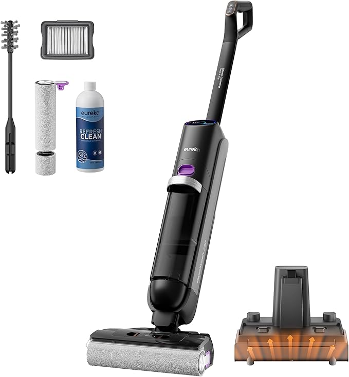 Eureka Cordless Wet Dry Vacuum Cleaner and Mop,170° Reclinable,185°F Hot Air Self-Cleaning Vacuum,Long Run Time,Great for Hard Floors Pet Hair Sticky Messes,RapidWash 730, Purple