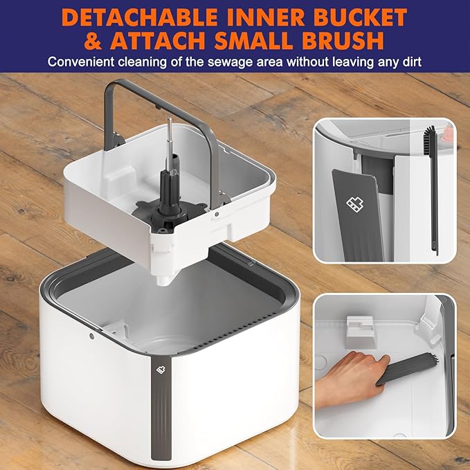 Upgraded Self-Standing Spin Mop and Bucket System, Detachable Inner Mop Bucket That Separates Dirty Water & 90° Foldable Head, Triple-Scrubbing System, for Hardwood Floors - White with 6 Pads