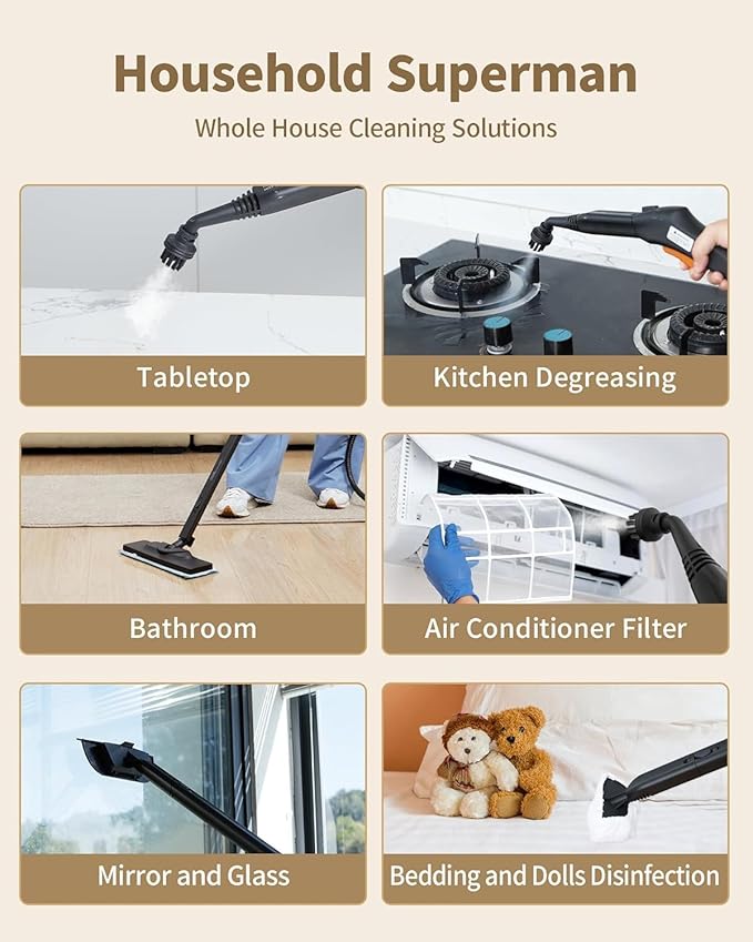 Steam Cleaner with 21 Accessories, 5 Minutes Fast Heating, Multipurpose Portable Canister Steamer for Floors, Carpet, Cars, Tiles, Grout Cleaning, Chemical-Free, 1.5L Capacity
