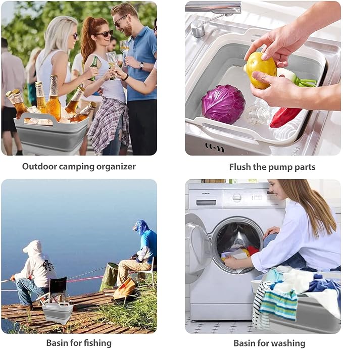 Ikaufen Dishpan for Washing Dishes, 9L (2.4Gallon) Collapsible Wash Basin with Drain Plug Carry Handles, Collapsible Bucket for Cleaning, Vegetable Washing, RV(Grey)
