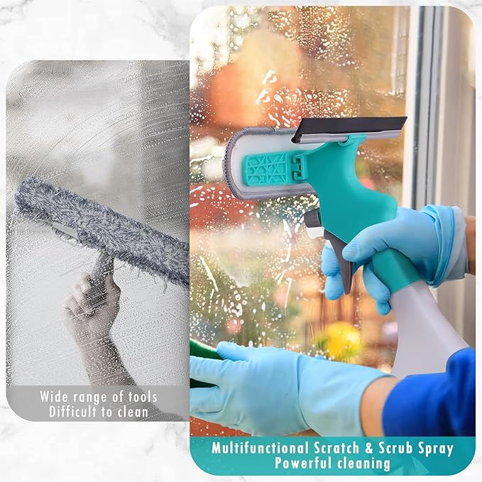 4-in-1 Scraper Brush Spray and Brush, Portable Multifunction Window Cleaner Tool with Squeegee and Plush Glass Brush, New Refillable Bottle Sprayer for Glass Ceramics Surface(Blue)