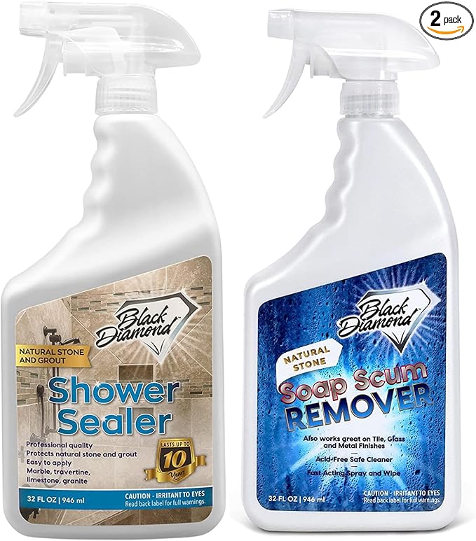 Black Diamond Stoneworks Natural Stone Shower Soap Scum Remover Spray. For Cleaning Bathtubs, Glass Doors, Tubs, Travertine, Marble, Tile. Heavy Duty, Safe Acid-Free Cleaner. Safe for fixtures.