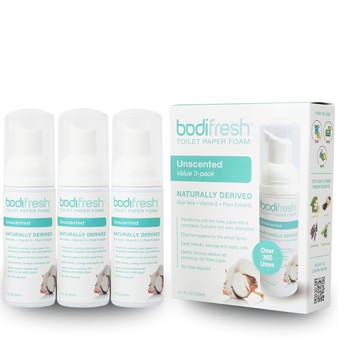 Toilet Paper Foam, Plant-Based w. Aloe & Vitamin E, Hypoallergenic, Flushable, 360+ Uses per Pack - 3 Bottles (Unscented)