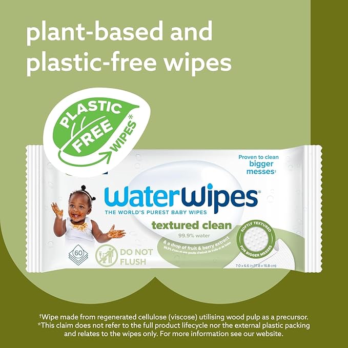 WaterWipes Plastic-Free Textured Clean, Toddler & Baby Wipes, 99.9% Water Based Wipes, Unscented & Hypoallergenic for Sensitive Skin, 60 Count (Pack of 4), Packaging May Vary