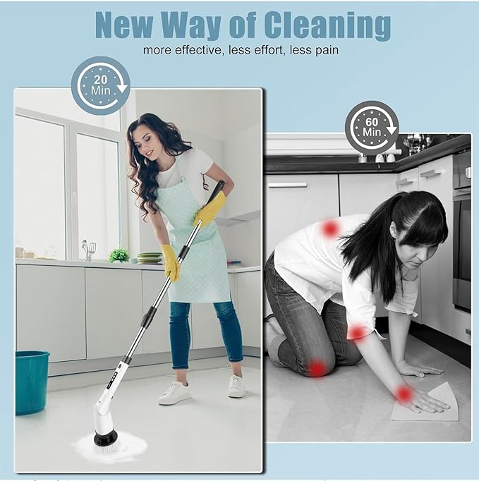 Electric Spin Scrubber for Household Cleaning - Electric Brush, Car Supplies, Bathroom Essentials, Baseboard Cleaner with Long Handle