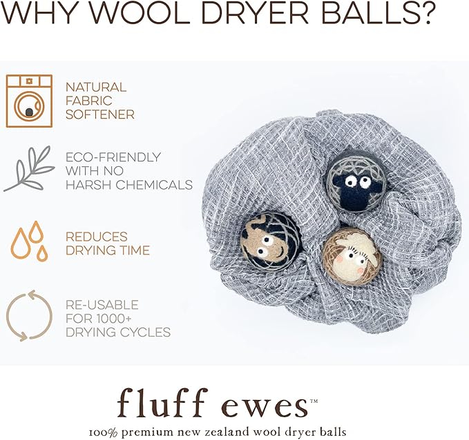 Fluff Ewes Premium Handmade New Zealand Reusable Wool Dryer Balls for Laundry & Baby + Ewe Dew Home Fragrance Aromatherapy Dryer Ball Essential Oil Blend, 2 Pack, Darks + Cottontail 0.5oz