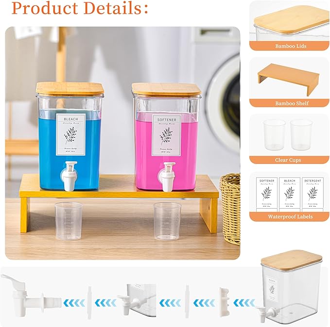 Liquid Laundry Detergent Dispenser Set with Shelf and Bamboo Lids for Laundry Room Organization and Storage - 2 Pack 90 oz Laundry Containers for Laundry Soap, Fabric Softener