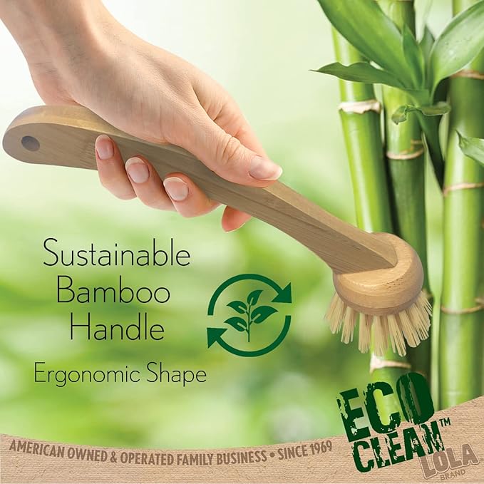Lola Products Eco Clean Bamboo Dish Brush, Multi Purpose, Sustainable Ergonomic Renewable Bamboo Handle, Fibers are Recycled Soda/Water Bottles - 6 CT