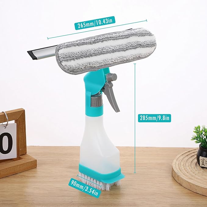 4-in-1 Scraper Brush Spray and Brush, Portable Multifunction Window Cleaner Tool with Squeegee and Plush Glass Brush, New Refillable Bottle Sprayer for Glass Ceramics Surface(Blue)