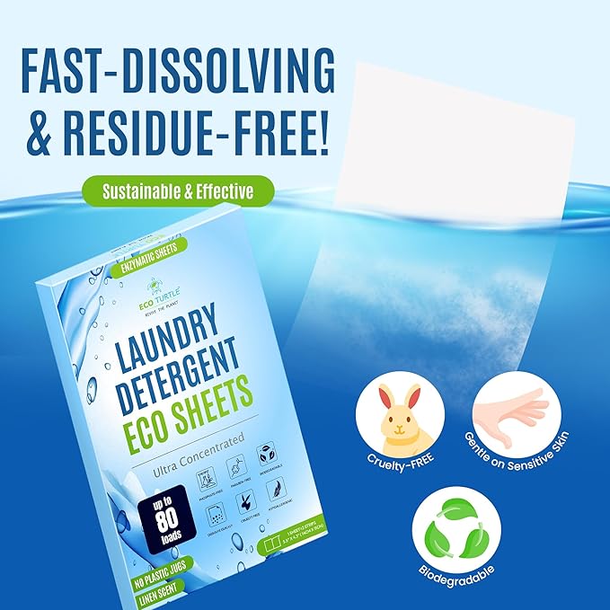 Eco-Friendly 80 Loads Ultra Concentrated Laundry Detergent Sheets - Stain-Fighting Enzymes & Plant Powered Sheets, Liquidless Soap Travel-Friendly for Hot/Cold Cycles, Tackles Tough Stains & Odors